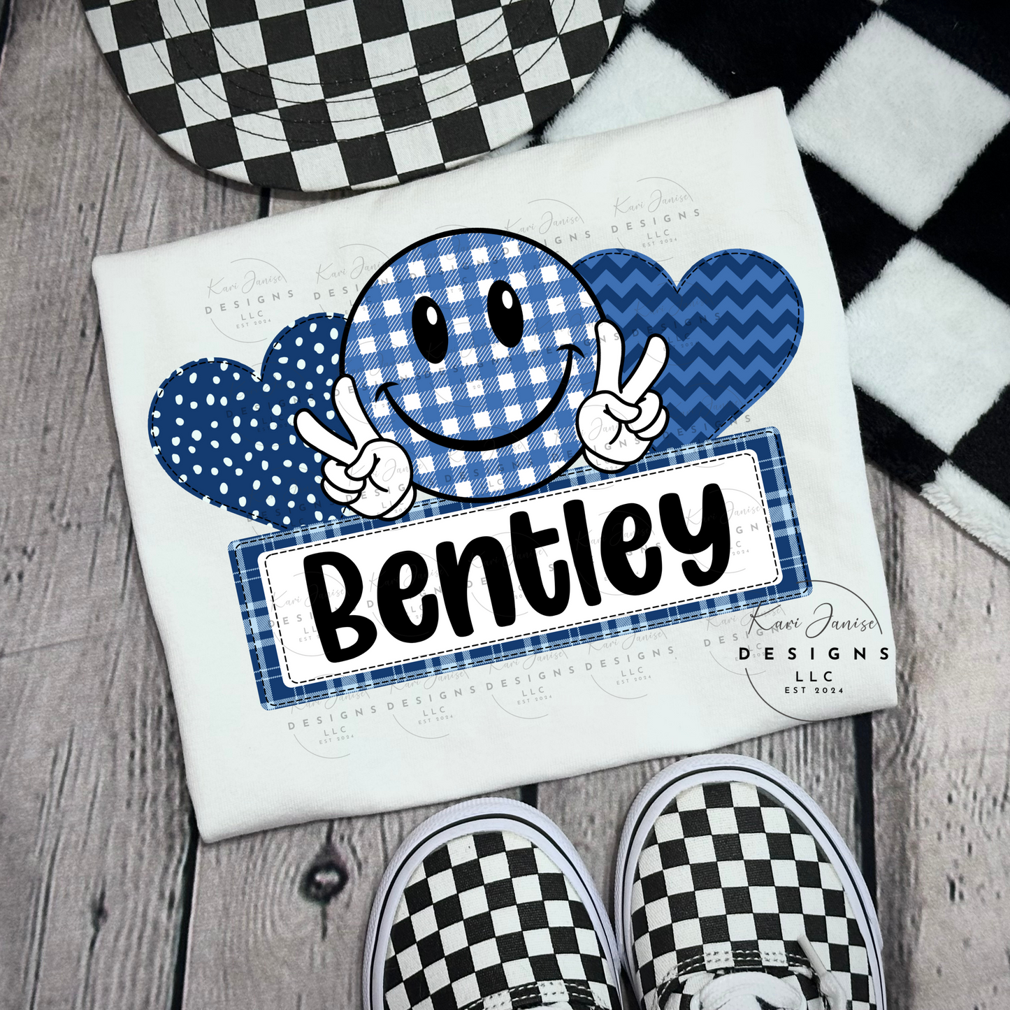 Blue Checkered Smiley Custom Valentine Name