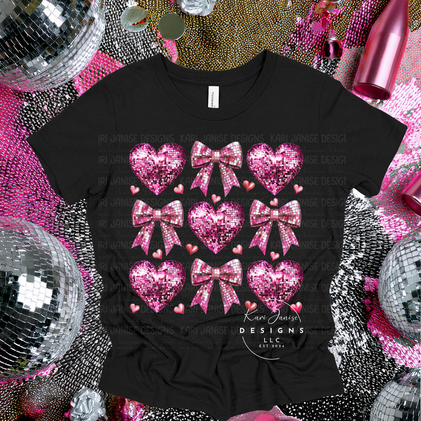 Pink Disco Hearts and Bows Faux Sequin
