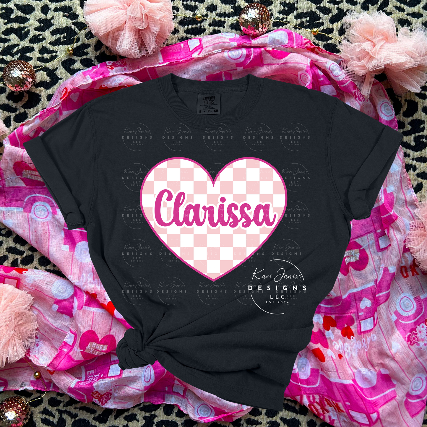 Pink Checkered Heart Custom Valentine Name