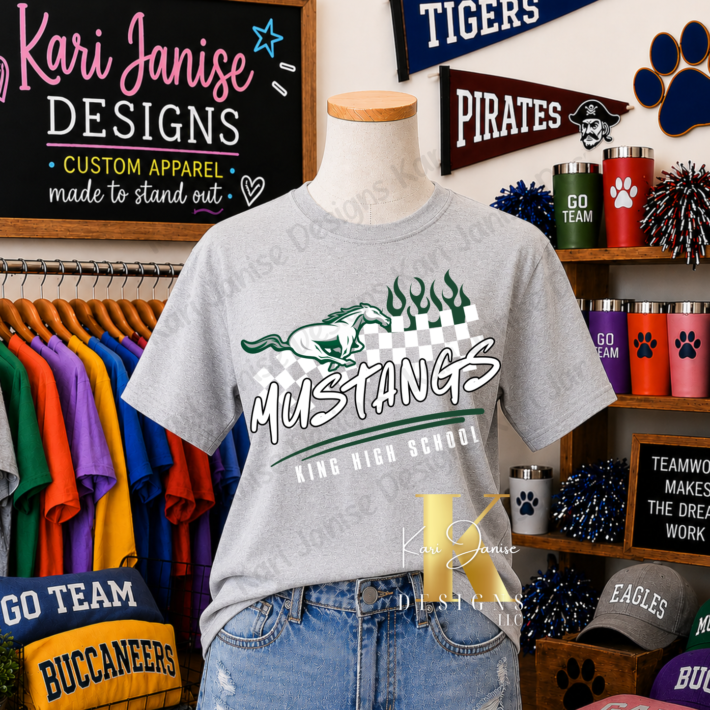 Checkered Flame Custom Mascot - Any School/Team